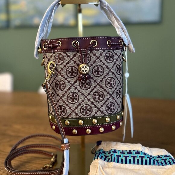 NWT! NEW Tory Burch T Monogram Jacquard Studded Mini Bucket Bag -multi leather - Picture 1 of 10